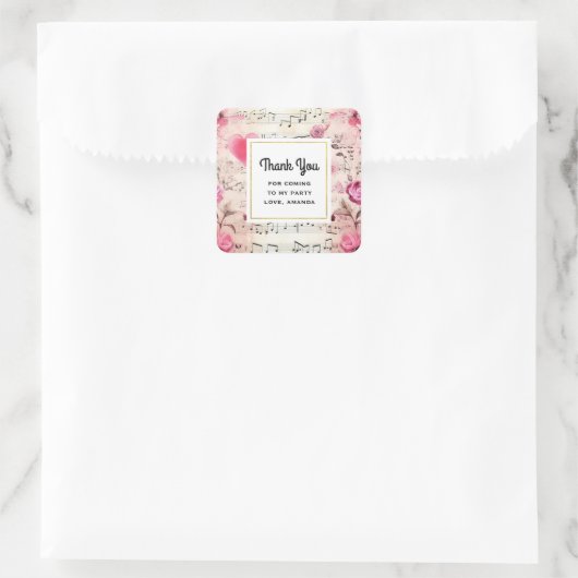 音楽ノートとバラヴィンテージパーティーありがとう スクエアシール (バッグ)