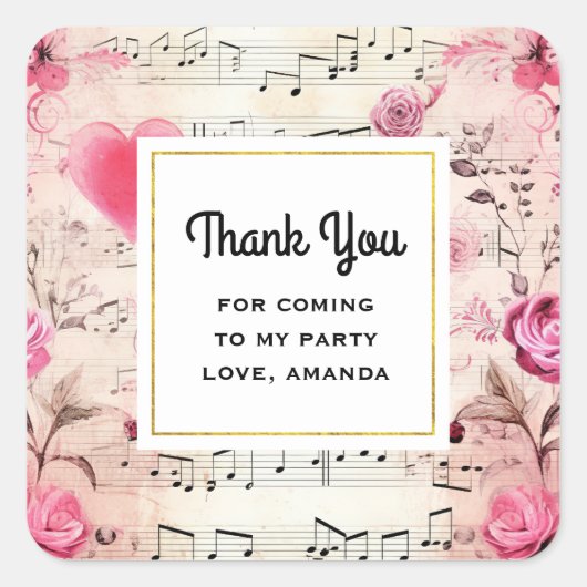 音楽ノートとバラヴィンテージパーティーありがとう スクエアシール (正面)