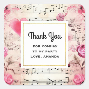 音楽ノートとバラヴィンテージパーティーありがとう スクエアシール