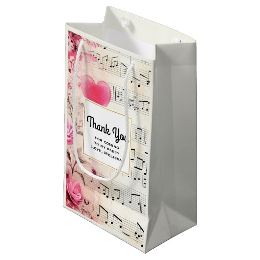 音楽ノートとバラヴィンテージパーティーありがとう スモールペーパーバッグ (正面アングル)