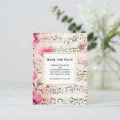 音楽ノートとバラヴィンテージ日付の保存 インビテーションポストカード (スタンド正面)