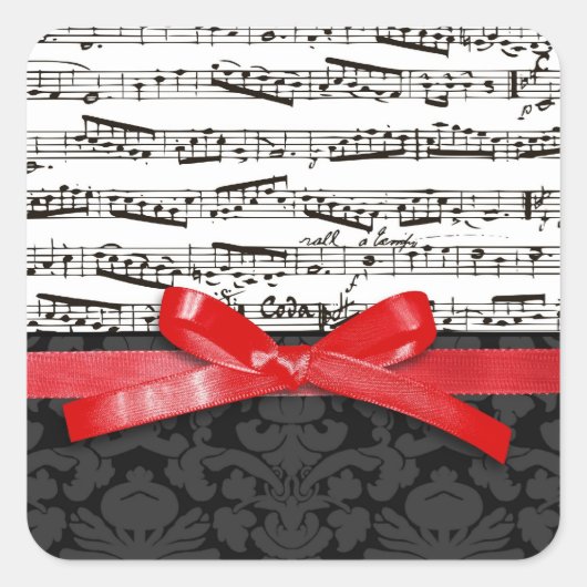 音楽ノートとフェイク赤いリボン スクエアシール (正面)