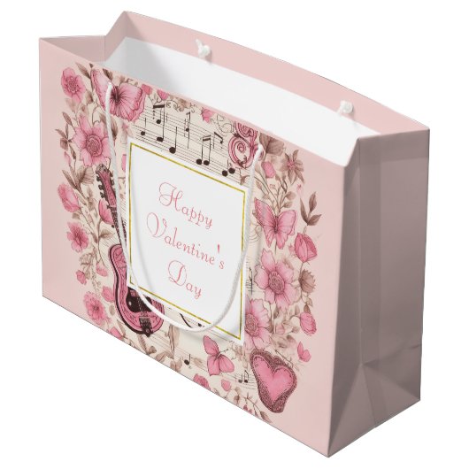 音楽ノートと花エレガントバレンタインデー ラージペーパーバッグ (裏面アングル)