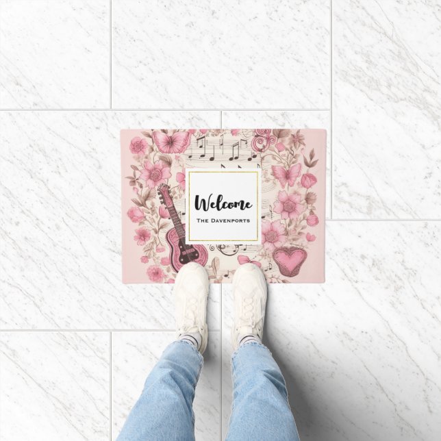 音楽ノートと花レトロスタイルへようこそ ドアマット (室内)