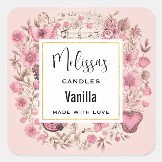 音楽ノートと花レトロスタイルキャンドルビズ スクエアシール (正面)