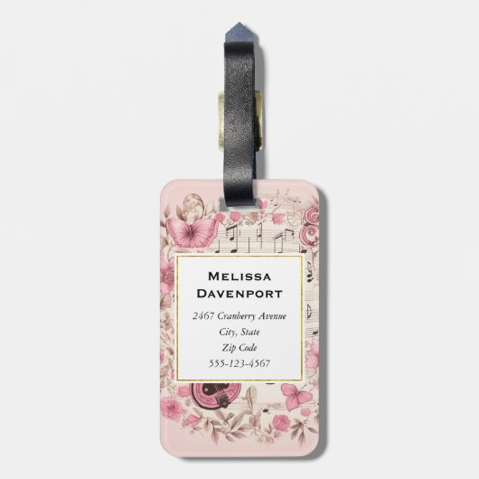 音楽ノートと花レトロスタイルモノグラム ラゲッジタグ (裏面縦)