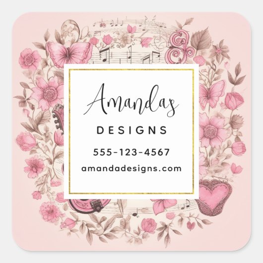 音楽ノートと花レトロスタイル事業 スクエアシール (正面)