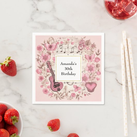 音楽ノートと花レトロスタイル誕生日 スタンダードカクテルナプキン (インサイチュ)