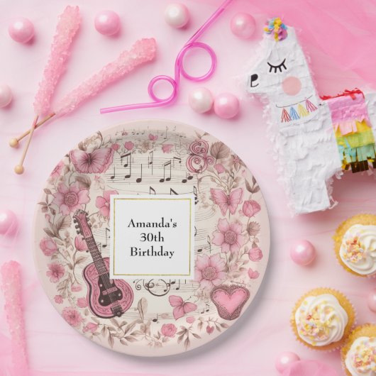 音楽ノートと花レトロスタイル誕生日 ペーパープレート (パーティー)
