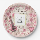 音楽ノートと花レトロスタイル誕生日 ペーパープレート (正面)