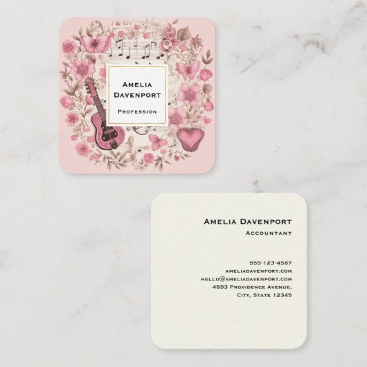 音楽ノートと花レトロスタイル スクエア名刺 (正面/裏面)