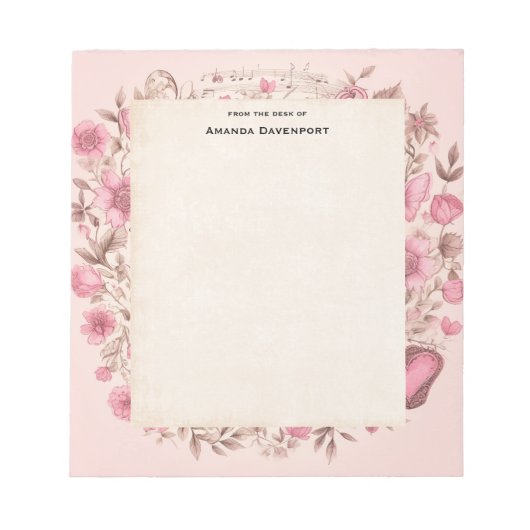 音楽ノートと花レトロスタイル ノートパッド (正面)