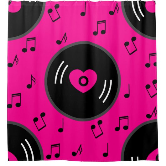 音楽ノートのレコードハートピンク シャワーカーテン (正面)