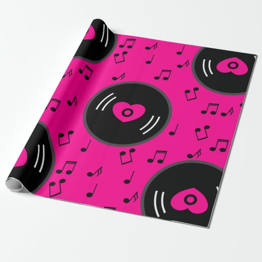 音楽ノートのレコードハートピンク ラッピングペーパー (アンロールド)
