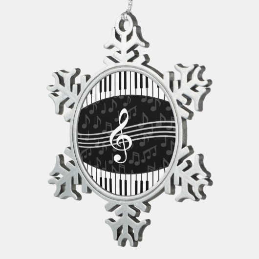 音楽ノートスタイリッシュトレブルクレフ、 音符記号とピアノ鍵 スノーフレークピューターオーナメント (右)