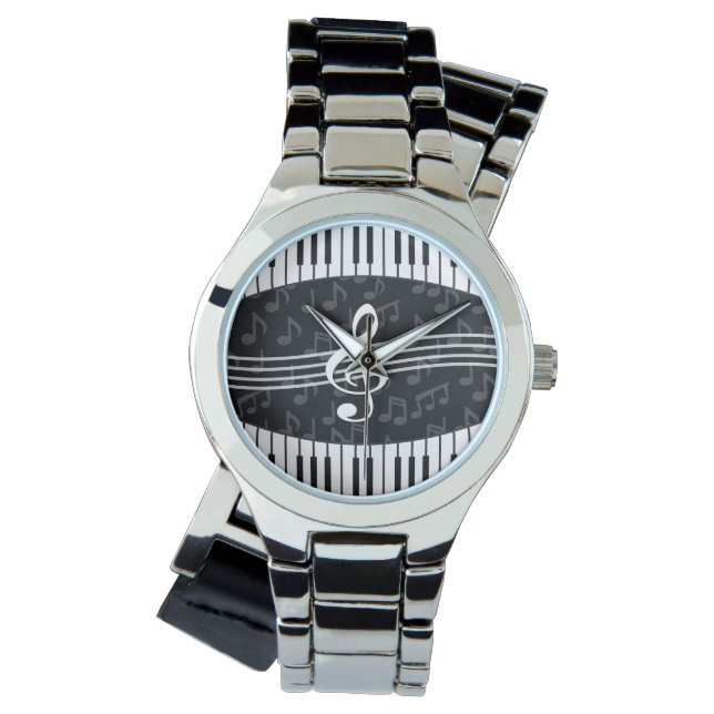 音楽ノートスタイリッシュトレブルクレフ、 音符記号とピアノ鍵 腕時計 (正面)