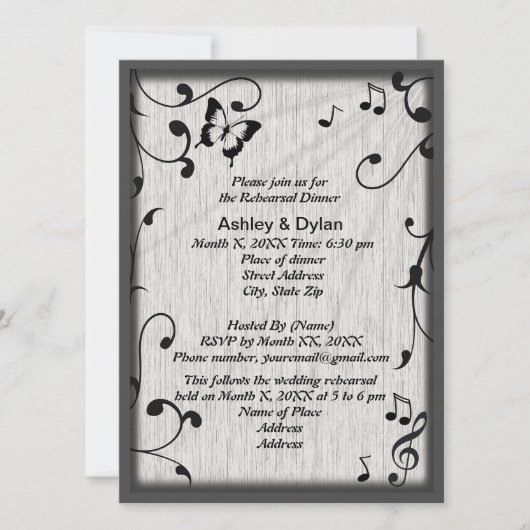 音楽バタフライ葉ズグレイ黒リハーサルディナー 招待状 (正面)