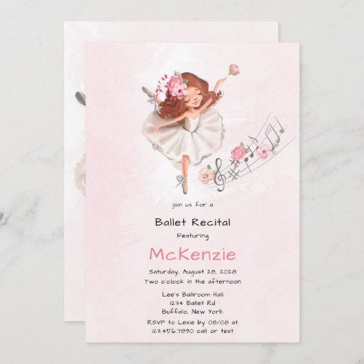 音楽バレエのリサイタルと可愛いガールバレリーナ 招待状 (正面/裏面)