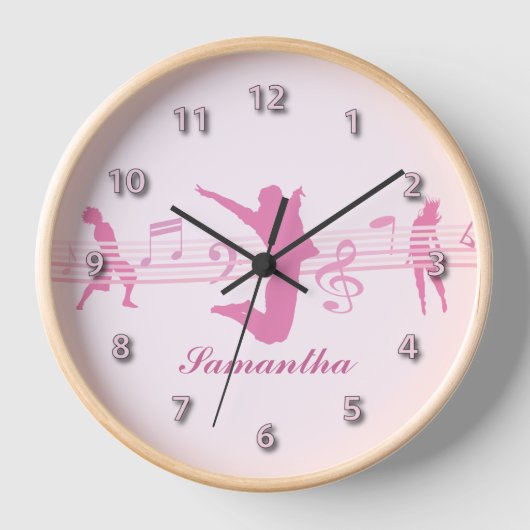 音楽パーソナライズされたダンスとドラマピンク 壁時計 (正面)