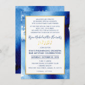 音楽パーティーお祝い頭が切れる金ゴールド青色水色 招待状 (正面/裏面)