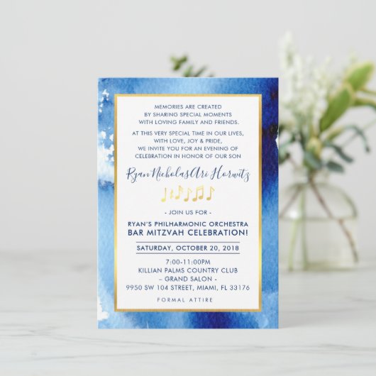 音楽パーティーお祝い頭が切れる金ゴールド青色水色 招待状 (スタンド正面)