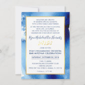 音楽パーティーお祝い頭が切れる金ゴールド青色水色 招待状 (正面)