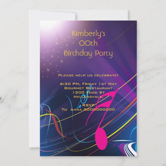 音楽パーティーお祝い10代または大人 招待状 (裏面)