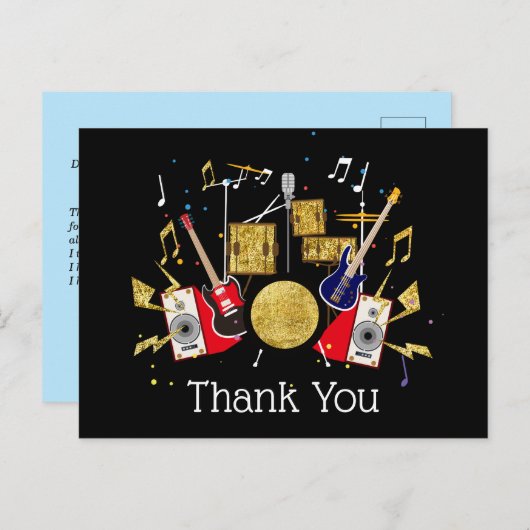 音楽パーティーギタードラムセットミュージカルサンキューカード インビテーションポストカード (正面/裏面)