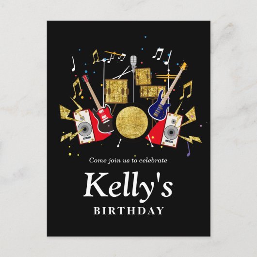 音楽パーティーギタードラムセットミュージカル インビテーションポストカード (正面)