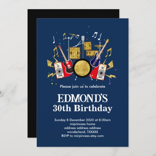 音楽パーティーギタードラムセットミュージカル 招待状 (正面/裏面)