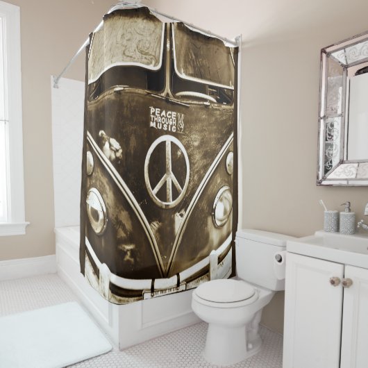 音楽ヒッピーマイクロバスシャワーカーテンを通しての平和 シャワーカーテン (インサイチュ)