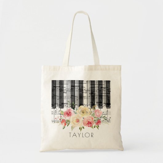 音楽ピアノの水彩の花 トートバッグ (正面)