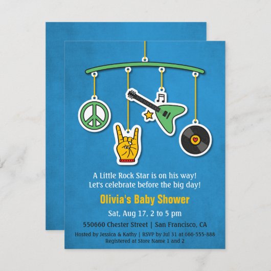 音楽ピースギターロックアンドロール男の赤ちゃんシャワー 招待状 (正面/裏面)