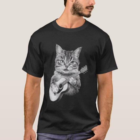 音楽ファンと動物愛好家のための猫のギター演奏デザイン Tシャツ (正面)