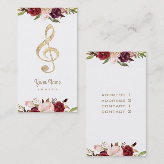 音楽フェイク金ゴールドフォイル三重クレフ、 音符記号と花 名刺 (正面/裏面)