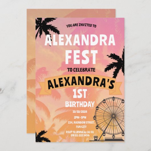 音楽フェスティバルサマーフェリスホイール誕生日 招待状 (正面/裏面)