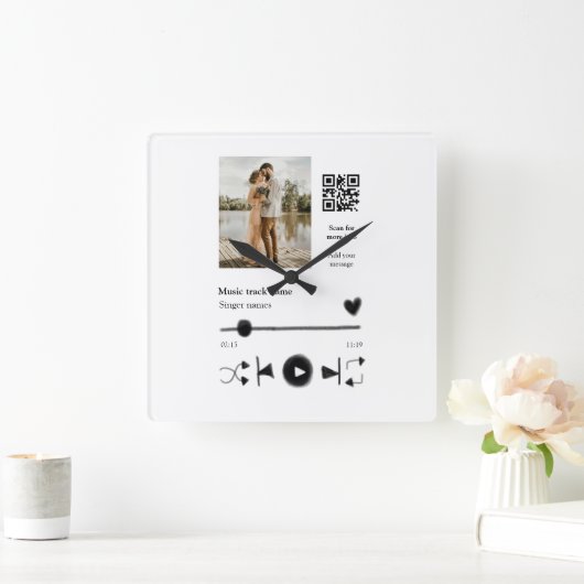音楽プレイヤーパーソナライズされたカップル愛q rコードテックス スクエア壁時計 (ホーム)