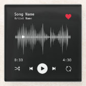 音楽プレーヤーアーティストとソングブラックパーソナライズされた ガラスコースター (正面)