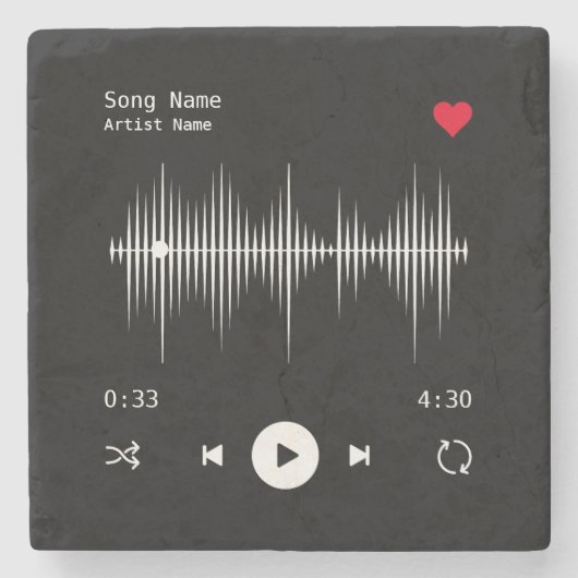 音楽プレーヤーアーティストとソングブラックパーソナライズされた ストーンコースター (正面)