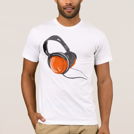 音楽ヘッドホーンのオレンジ黒いTシャツ Tシャツ (正面)