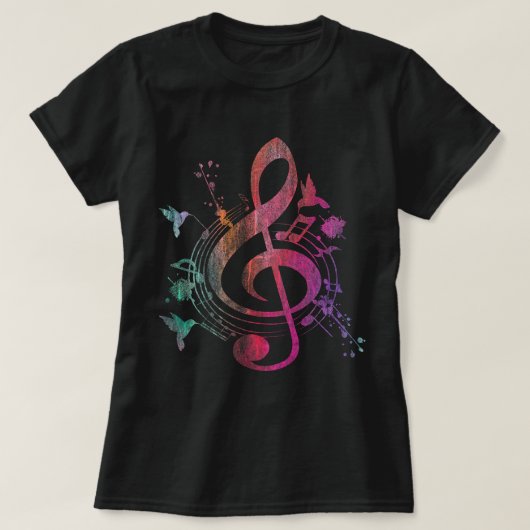 音楽ミュージカル楽器バーズトレブルクレフ、 音符記号 Tシャツ (デザイン正面)