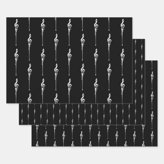 音楽モチーフ溶ける高音クレフ、 音符記号白と黒 ラッピングペーパーシート (セット)