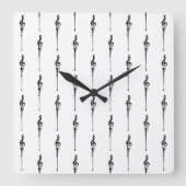 音楽モチーフ溶ける高音クレフ、 音符記号白黒 スクエア壁時計 (正面)