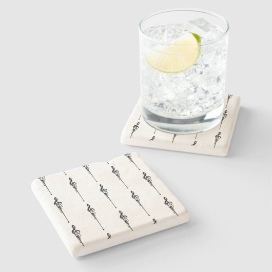 音楽モチーフ溶ける高音クレフ、 音符記号白黒 ストーンコースター (横)