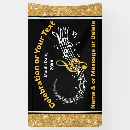 音楽ユニークノートパーソナライズされたバナーブラック、金ゴールド 横断幕 (縦)