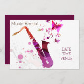 音楽リサイタルのかわいいサクソフォンのコンサート 招待状 (正面/裏面)