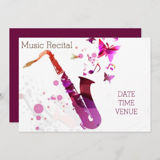 音楽リサイタルのかわいいサクソフォンのコンサート 招待状 (正面/裏面)