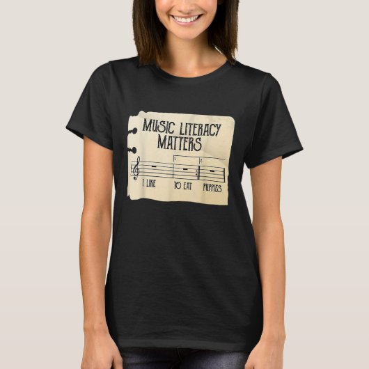 音楽リテラシー問題の私は子犬食べのレトロ Tシャツ (正面)