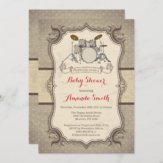 音楽ロックスターのドラムベビーシャワーの招待状 招待状 (正面/裏面)
