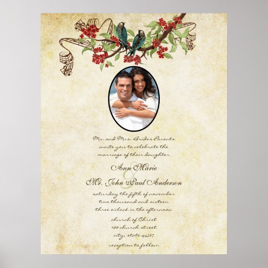 音楽ヴィンテージティール(緑がかった色)バードレッド開花結婚式の招待 ポスター (正面)